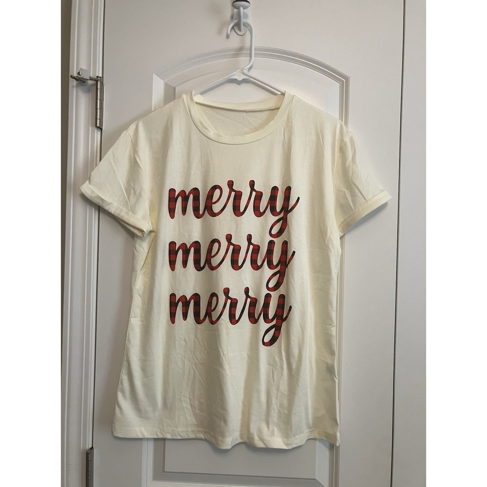 Gray by Grayson Social T-Shirt Women Medium Ivory Like New Christmas Cuffed C294